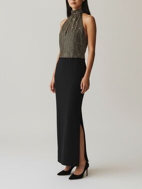 St. John Evening Mock Neck Sleeveless Maxi Dress Women 10 Black and Gold